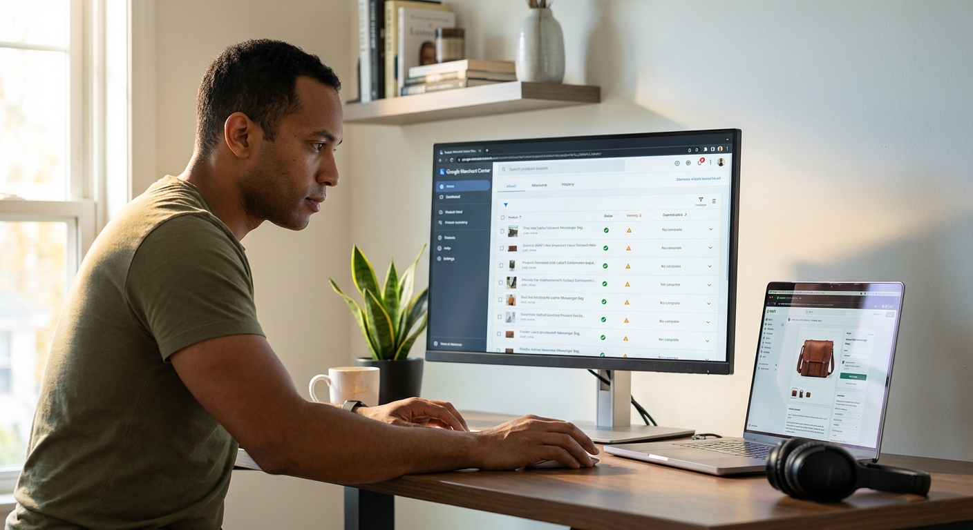 Google Shopping product feed data flowing from a Shopify store into Google Merchant Center with product listings visible in search results