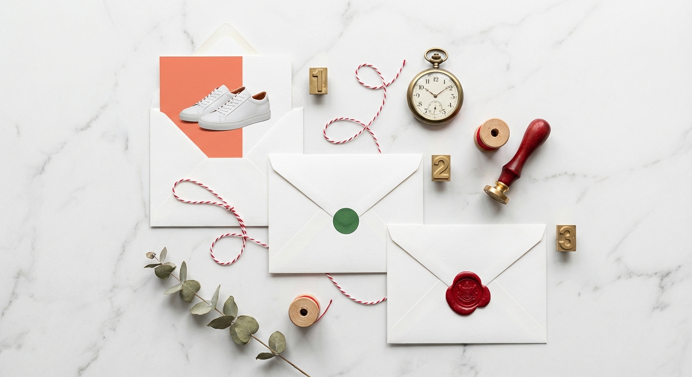 Three-stage cart abandonment recovery email sequence flat lay