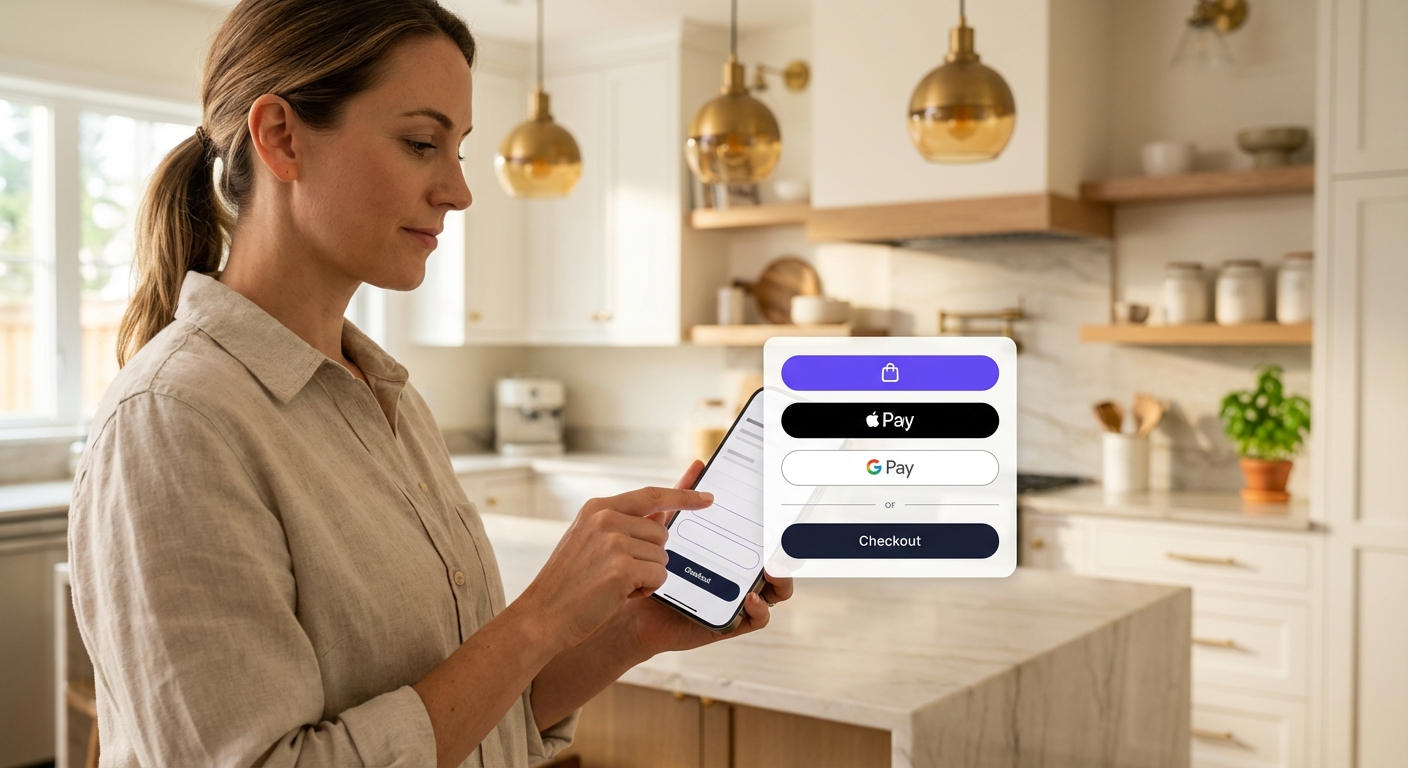 Woman tapping express payment buttons on mobile checkout