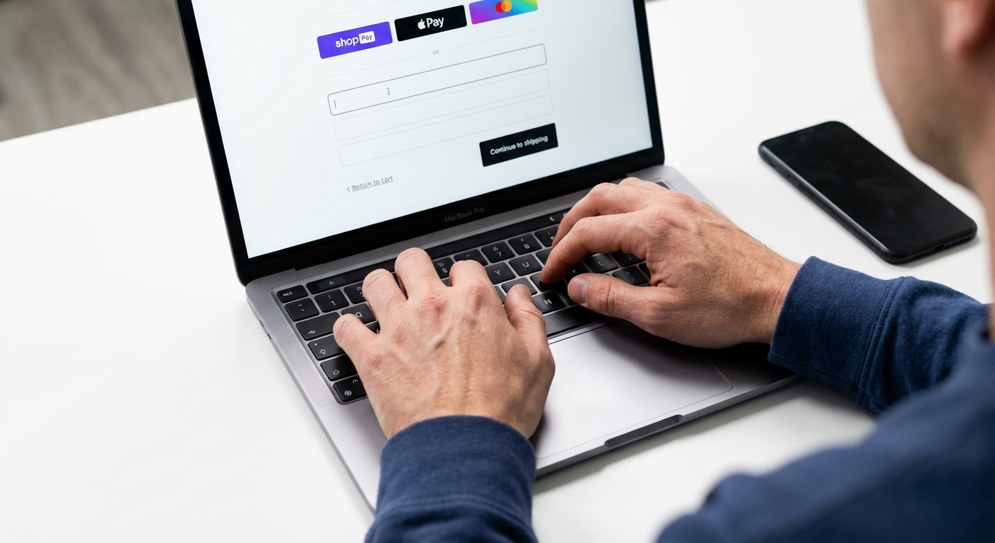 Person typing on minimal guest checkout form on laptop