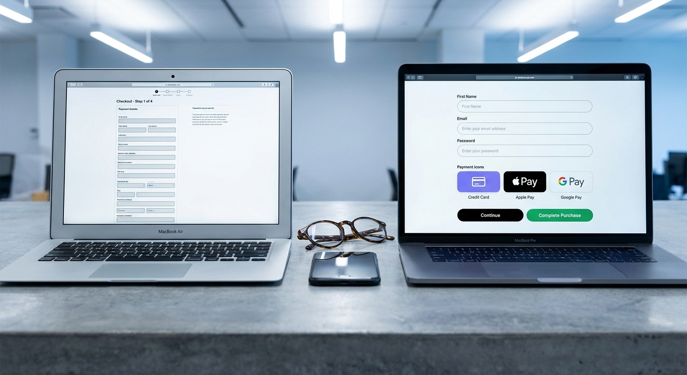Side-by-side comparison of cluttered checkout vs streamlined checkout