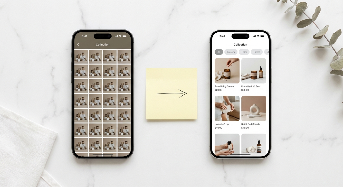 Side-by-side comparison of a cluttered Shopify collection page versus a clean filtered layout with fewer products per row