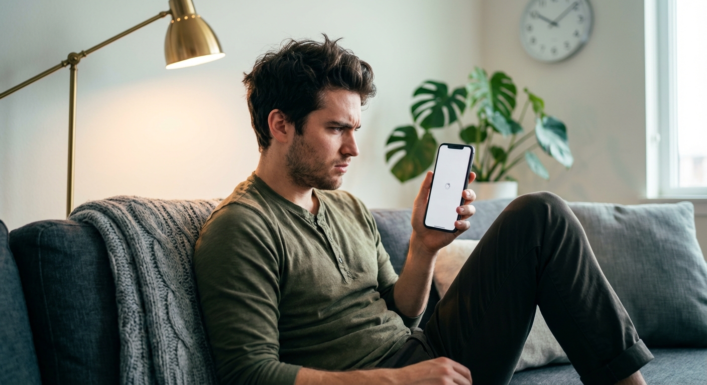 Frustrated man waiting for slow mobile page to load