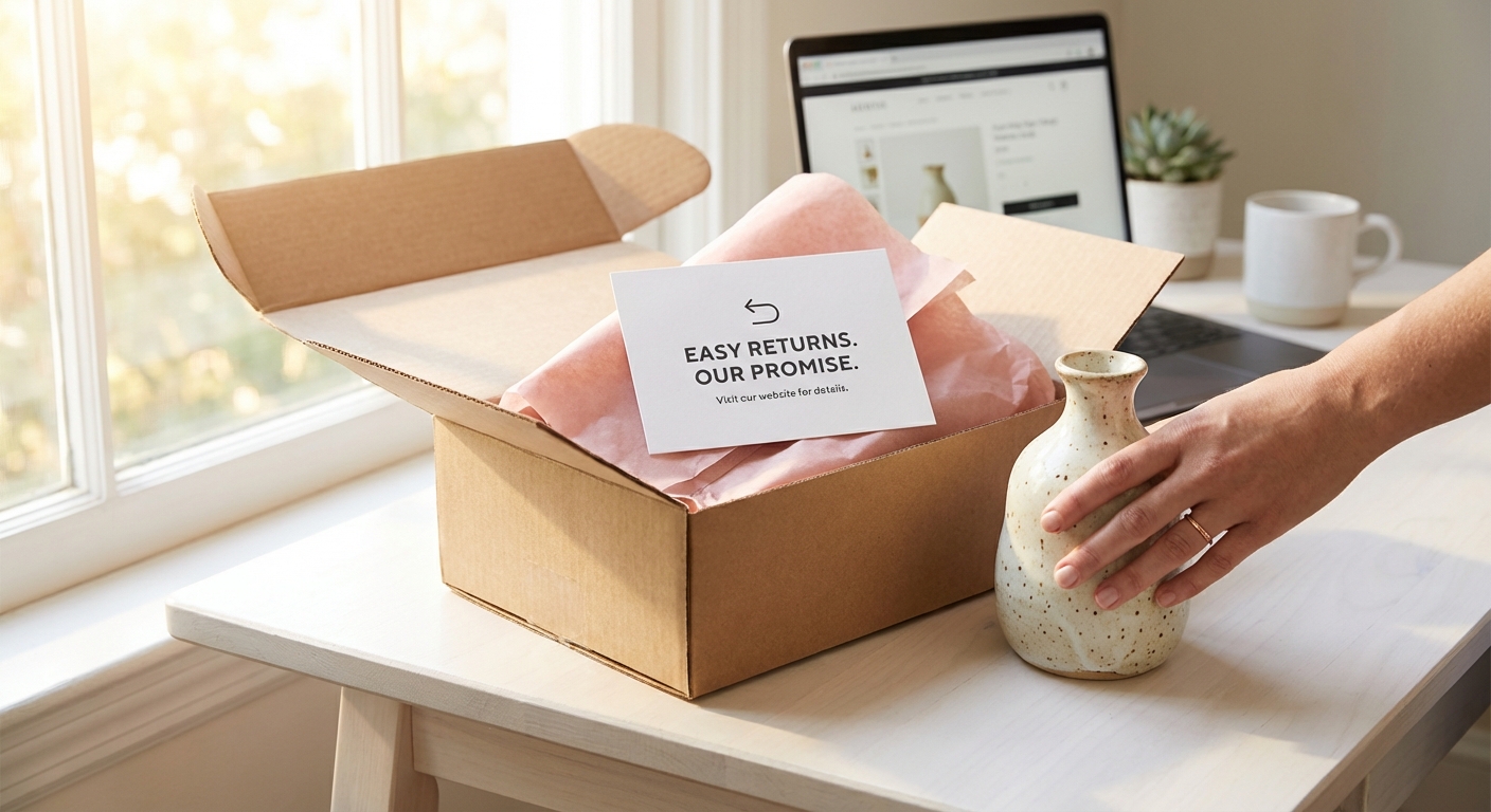 Shopify order unboxing with printed return policy card visible inside the packaging next to the product