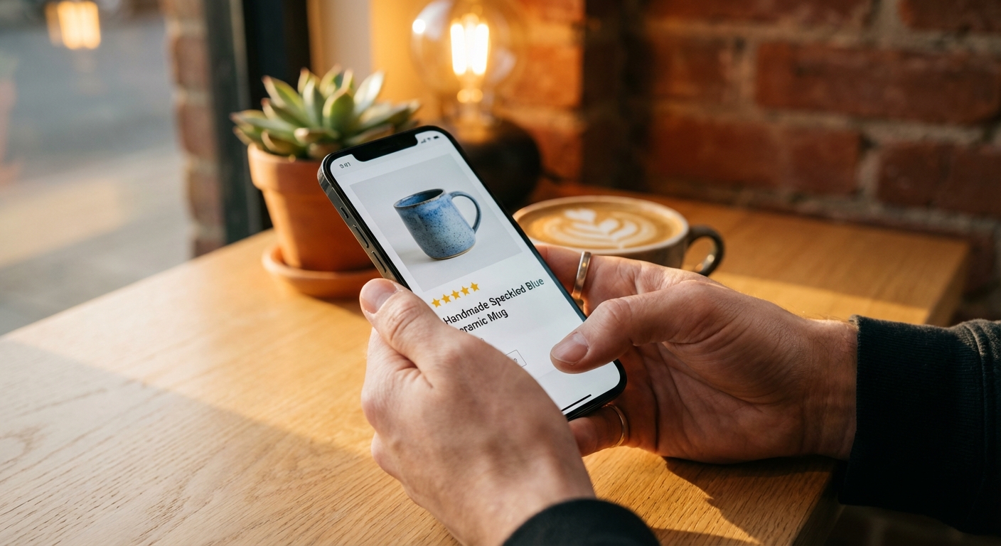 Customer reading product reviews with star ratings on smartphone in a cafe