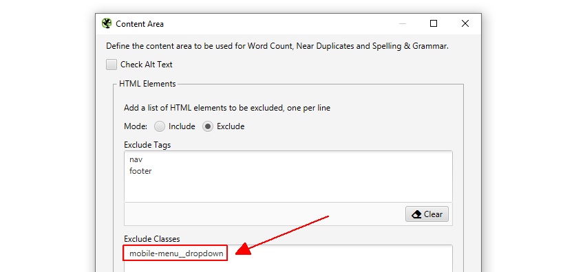 Screaming Frog Content Area configuration dialog for excluding nav and footer elements from duplicate detection