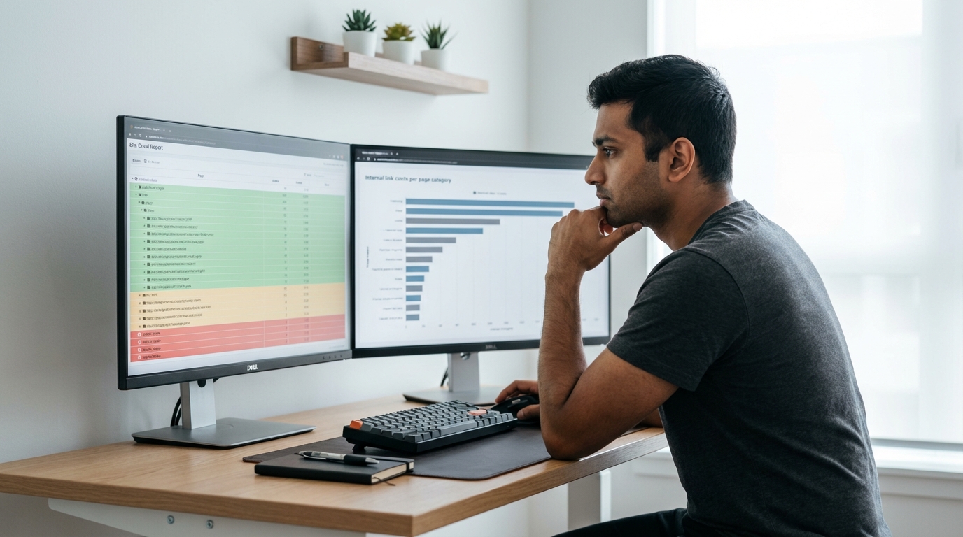 SEO practitioner studying a dual-monitor workstation showing a site crawl report with colour-coded internal link counts per page