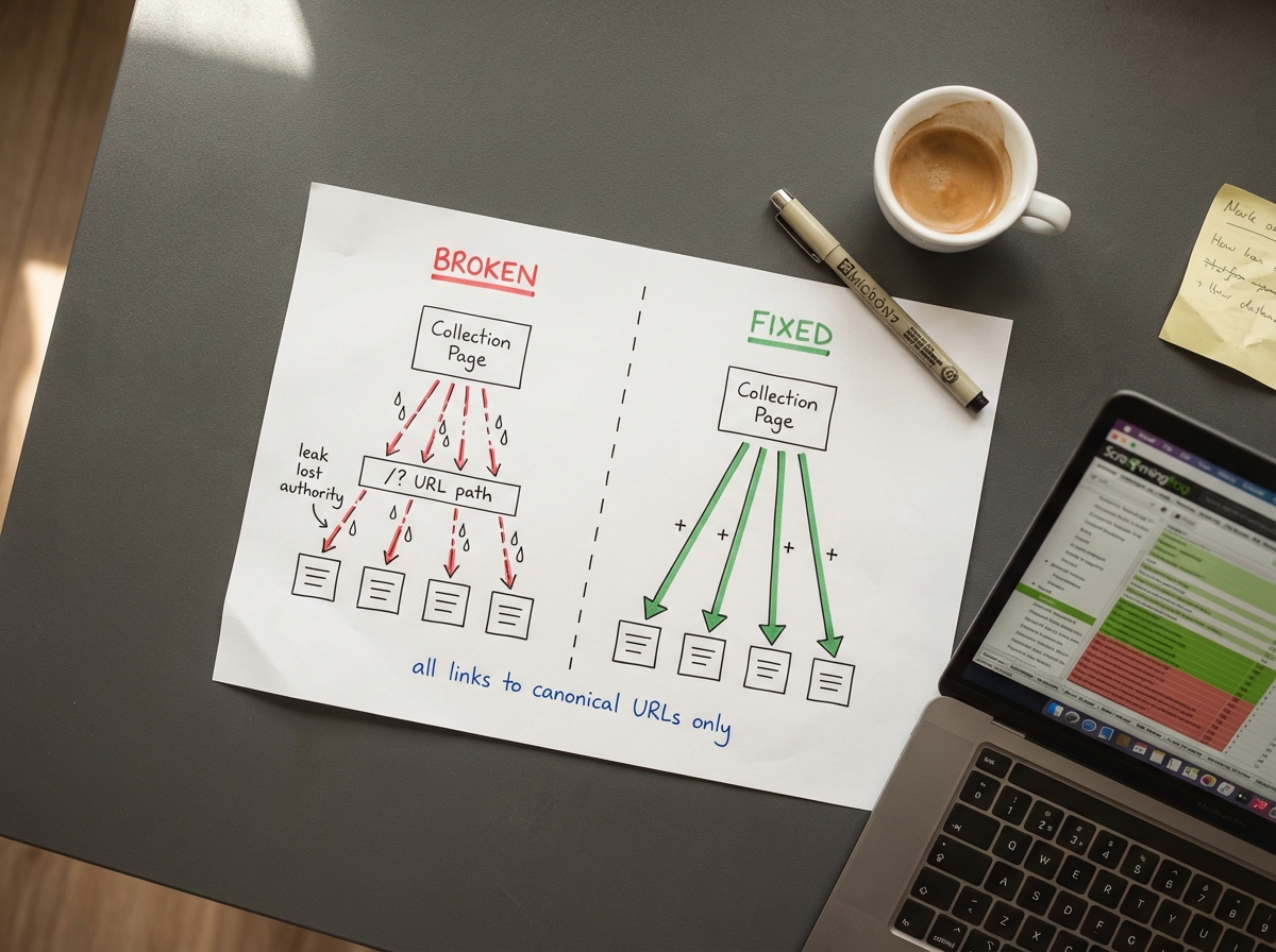 Hand-drawn site architecture diagram on paper showing broken link equity flow with red leak symbols versus fixed direct links in green