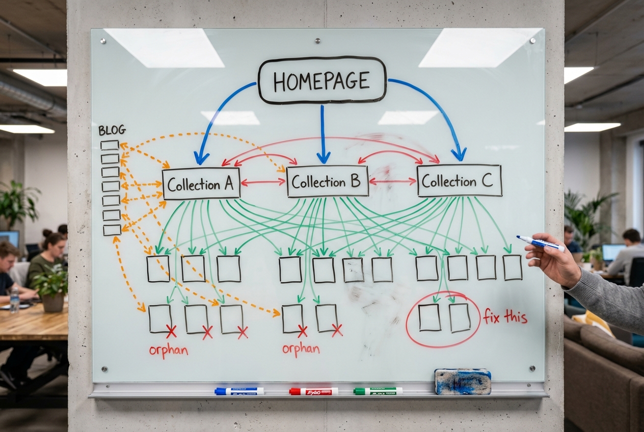 Shopify store site architecture diagram showing internal linking paths between collection pages, product pages, and blog posts