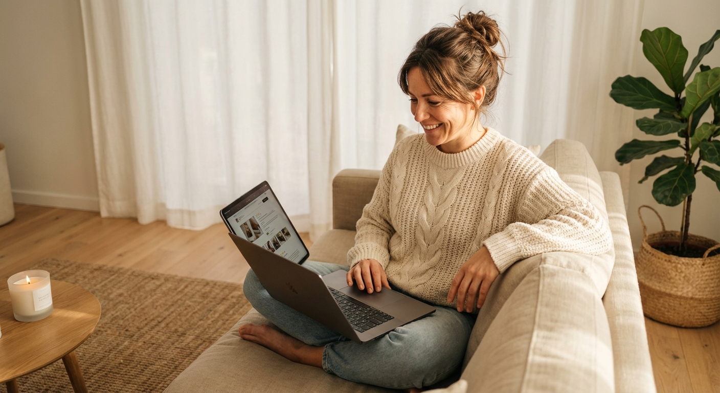 Woman smiling while reading customer reviews on laptop