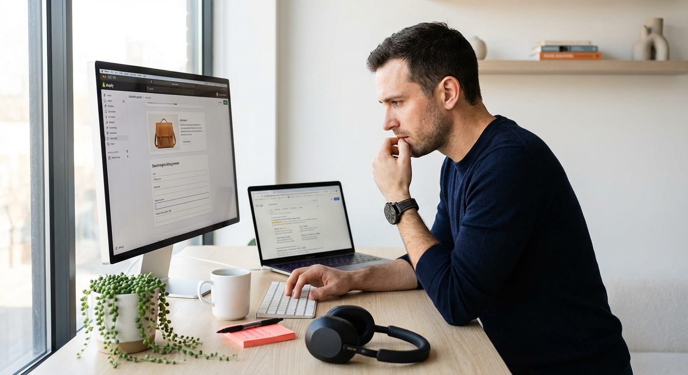 Shopify product page with optimised title tag, meta description, and structured data highlighted in Google Search Console