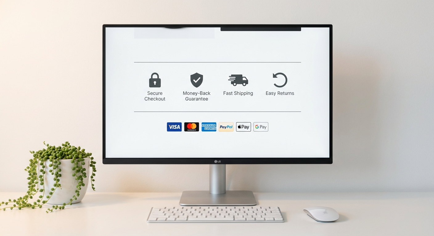 Desktop monitor showing trust badges and payment icons on product page