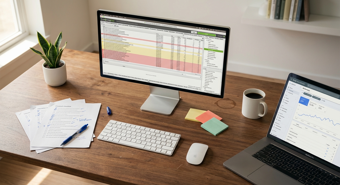 SEO audit workspace with Screaming Frog crawl data on monitor, Google Search Console on laptop, and a printed checklist with handwritten notes