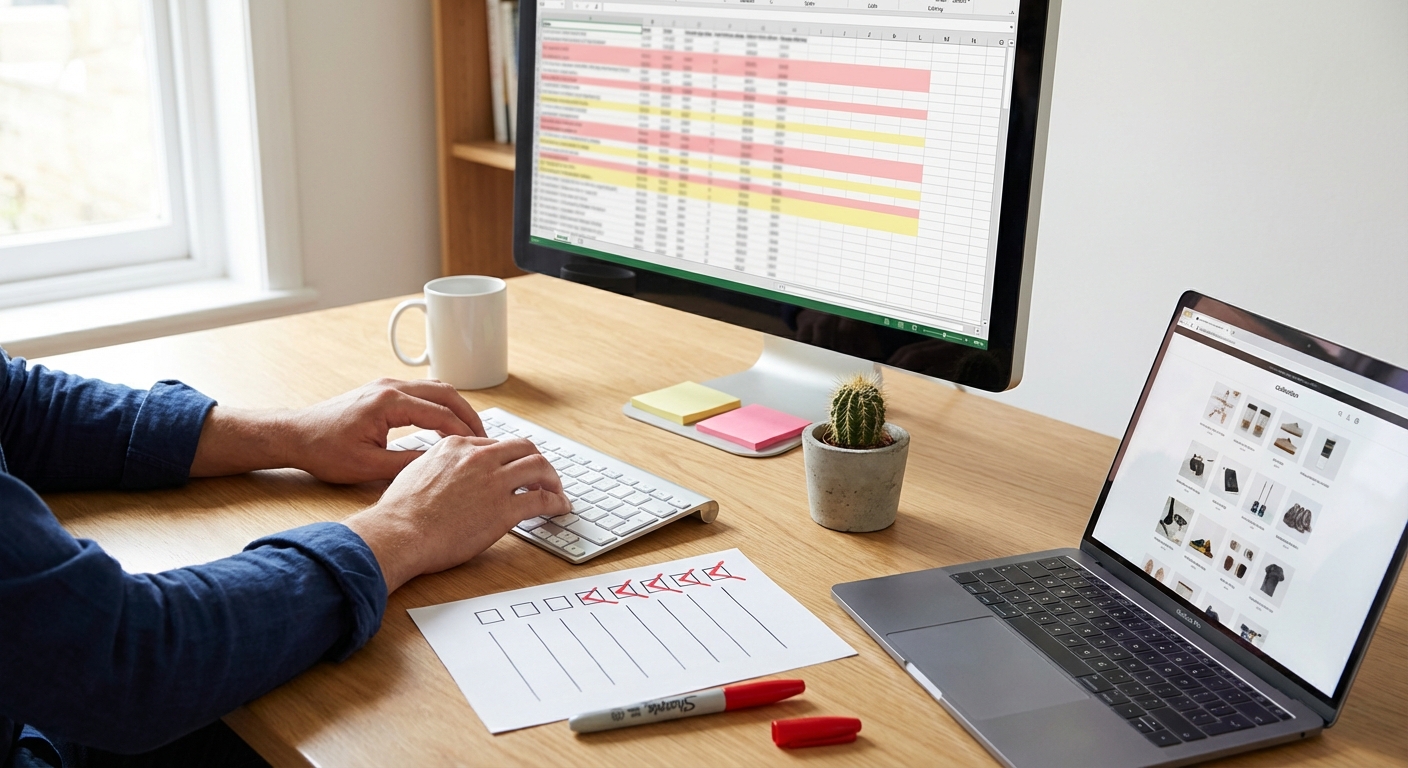 SEO practitioner auditing Shopify collection pages with colour-coded crawl data on monitor and a printed checklist with red checkmarks
