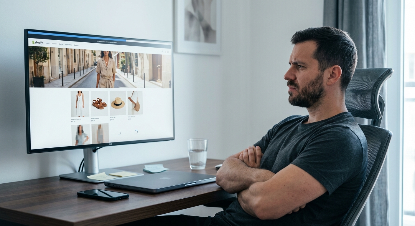 Frustrated store owner with arms crossed staring at a slow-loading Shopify page with skeleton placeholder content on screen