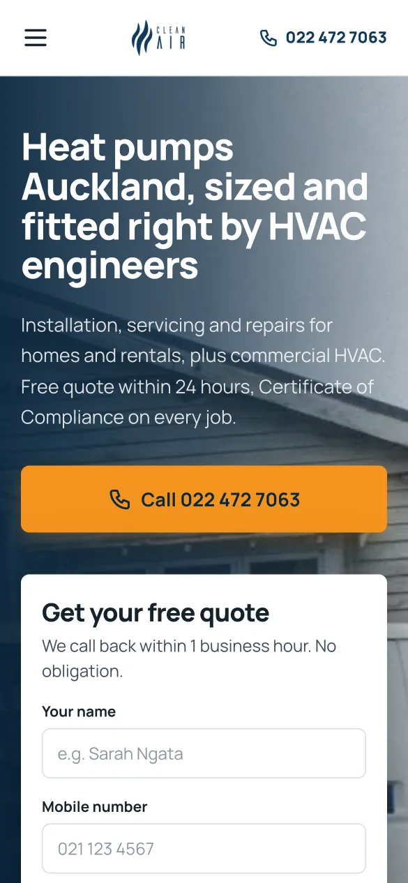 Clean Air Systems website homepage on mobile