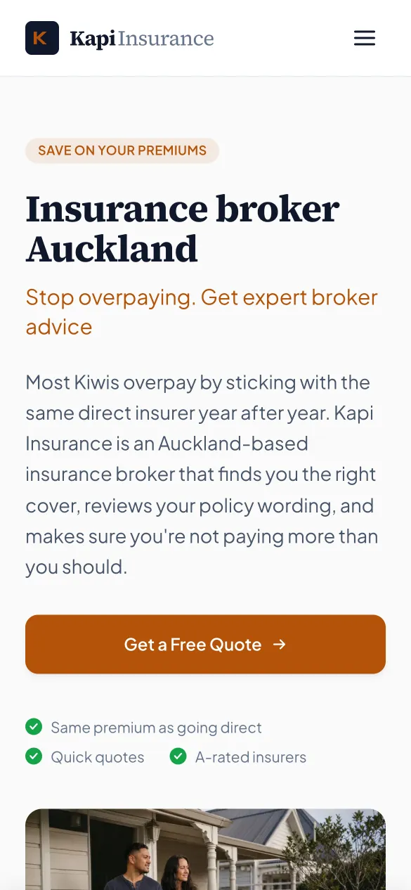 Kapi Insurance website homepage on mobile