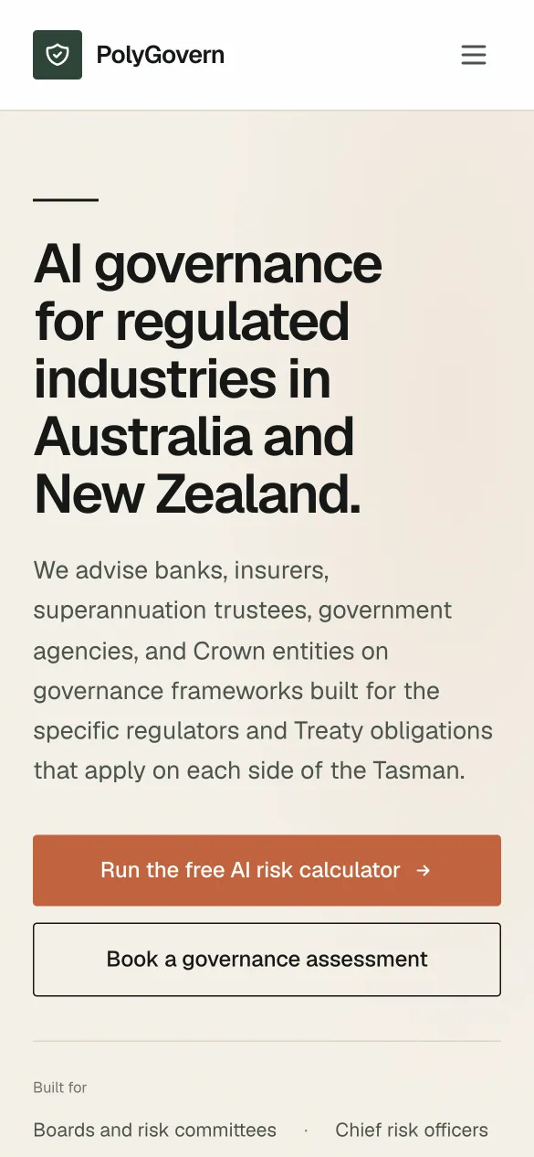 PolyGovern website homepage on mobile