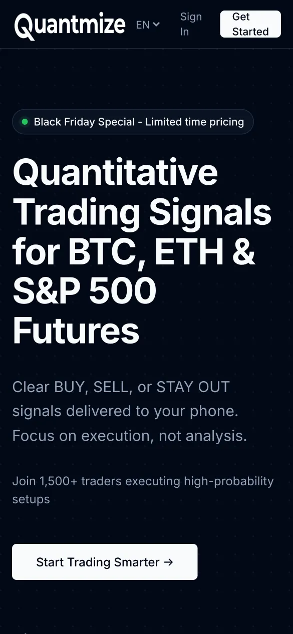 Quantmize website homepage on mobile